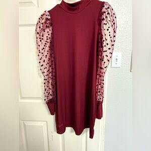SHEIN Red Mini Dress with Sheer Polka Dot Sleeves